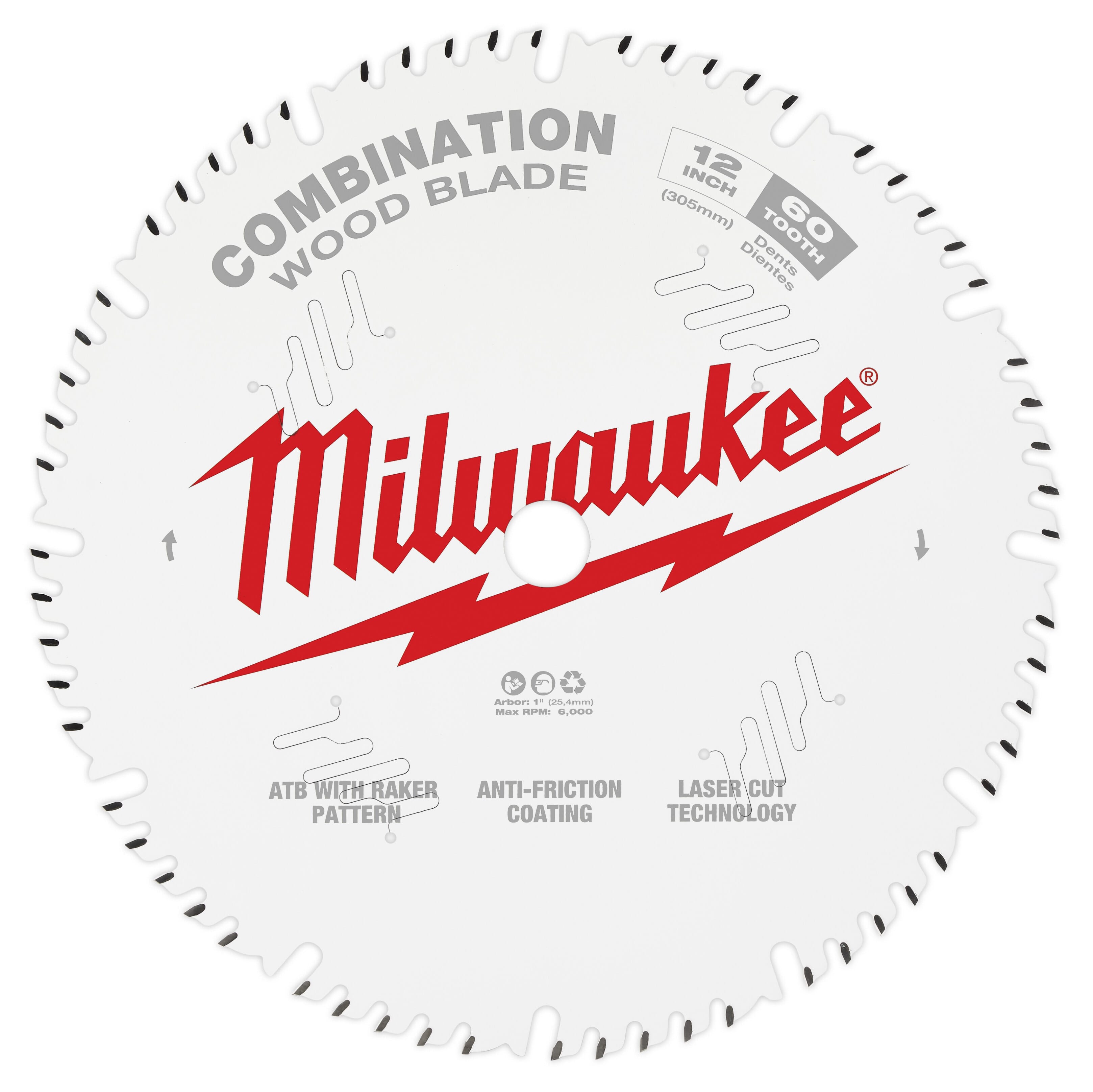 Milwaukee® 48-40-1222 Combination General Purpose Thin Kerf Circular Saw Blade, 12 in Dia x 1.05 in THK, 1 in Arbor, Carbide Blade, 60 Teeth